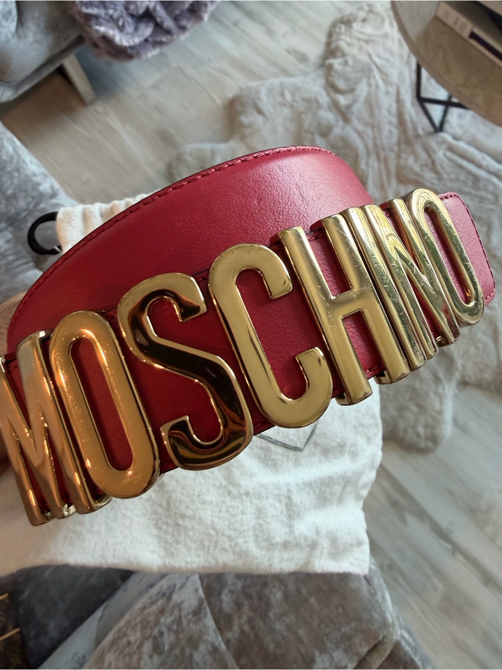 Moschino Red Leather Belt with Gold Logo Letters - Picture 1 of 5